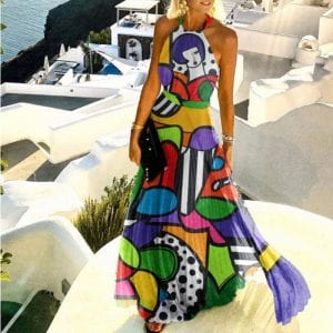 Vintage Pattern Printed Patchwork Dress, Summer Sleeveless Pleated Maxi Party Dress