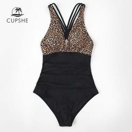 Black leopard v-neck one-piece swimsuit, sexy crisscross back women monokini