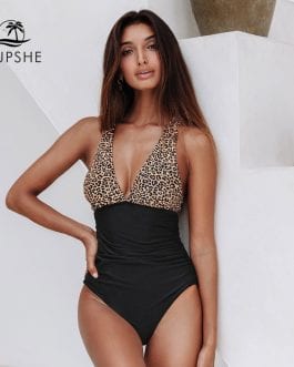 Black Leopard V-neck One-Piece Swimsuit, Sexy Crisscross Back Women Monokini