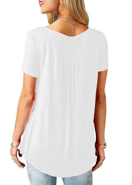 Womens casual short sleeve loose t-shirt, solid color, button pleated, tunic tops v-neck