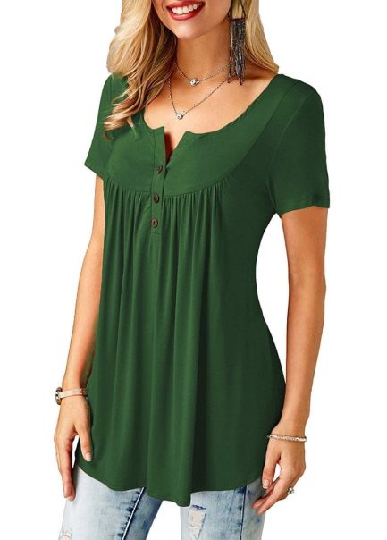 Womens casual short sleeve loose t-shirt, solid color, button pleated, tunic tops v-neck