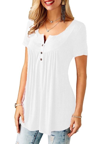 Womens Casual Short Sleeve Loose T-Shirt, Solid Color, Button Pleated, Tunic Tops v-neck