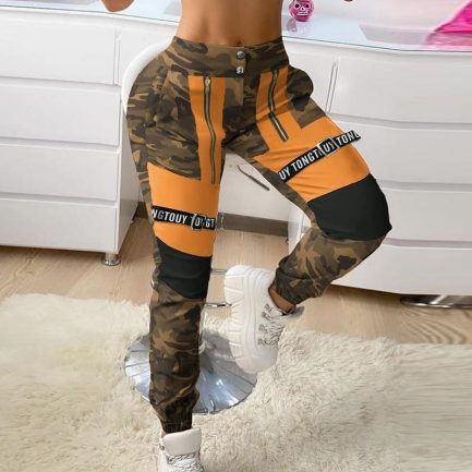 Cargo pants, casual elastic buckle camouflage sweatpant, overall women patchwork high waist trousers