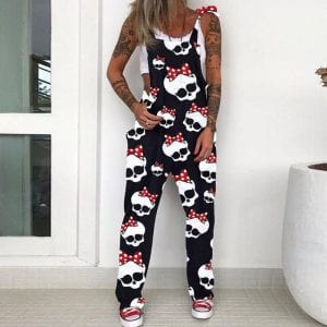 Elegant Daisy Skull Print Jumpsuit, Casual Summer Strappy Pocket Overalls, Sexy Sleeveless Backless Wide Leg Jumpsuit 3XL