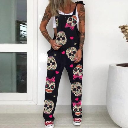 Elegant daisy skull print jumpsuit, casual summer strappy pocket overalls, sexy sleeveless backless wide leg jumpsuit 3xl