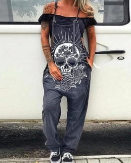 Elegant Daisy Skull Print Jumpsuit, Casual Summer Strappy Pocket Overalls, Sexy Sleeveless Backless Wide Leg Jumpsuit 3XL