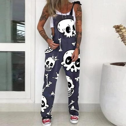 Elegant daisy skull print jumpsuit, casual summer strappy pocket overalls, sexy sleeveless backless wide leg jumpsuit 3xl