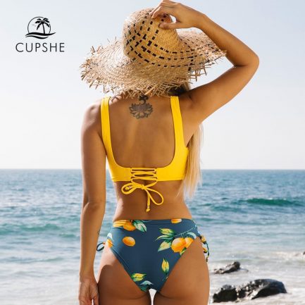 Cupshe yellow and lemon print mid-waist bikini sets, lace up two pieces