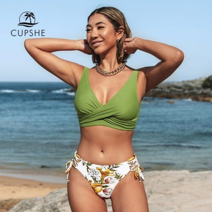 Cupshe yellow and lemon print mid-waist bikini sets, lace up two pieces