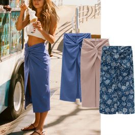 Za 2021 High Waist Print Ruched, Summer Skirt Women, Back Zip, Textured Knot Vintage