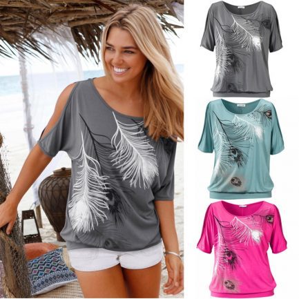 Slit sleeve cold shoulder, feather print, women casual summer t shirt