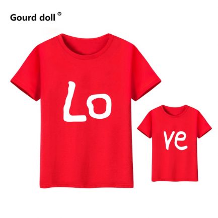 Love family matching clothes, red cotton mother and daughter, clothe print t-shirt