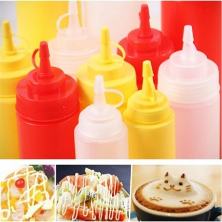 Squeeze squirt condiment, ketchup mustard  mayo sauces  olive oil, bottles with twist on cap
