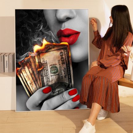 Smile red lips, smoking, beauty woman, burning money, canvas painting wall art