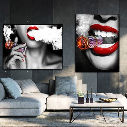 Smile red lips, smoking, beauty woman, burning money, canvas painting wall art