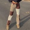 Autumn brown, women cowboy striped, patchwork jeans street casual