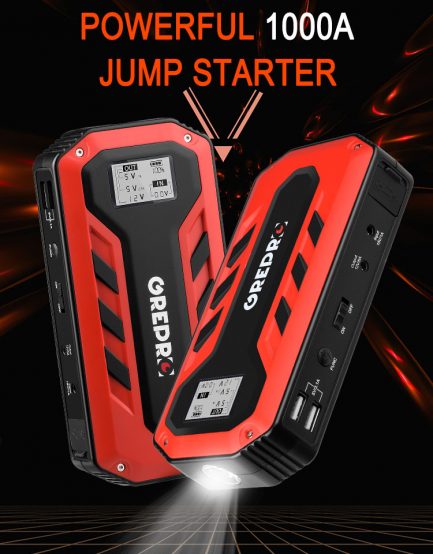 Grepro portable car jump starter. 2000a peak, 18000mah, 12v, auto battery booster, lcd display