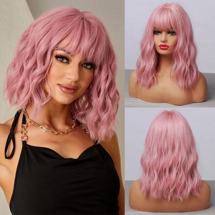 Haircube wavy synthetic pink curly wig with bangs.