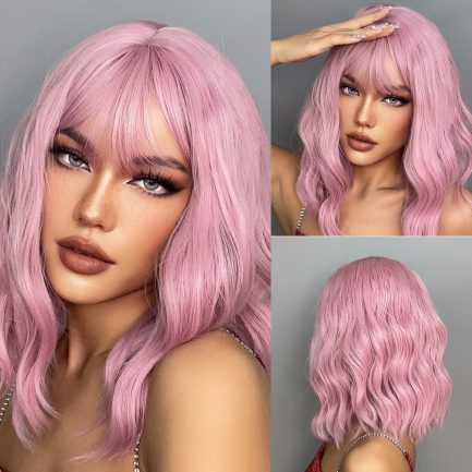 Haircube wavy synthetic pink curly wig with bangs.
